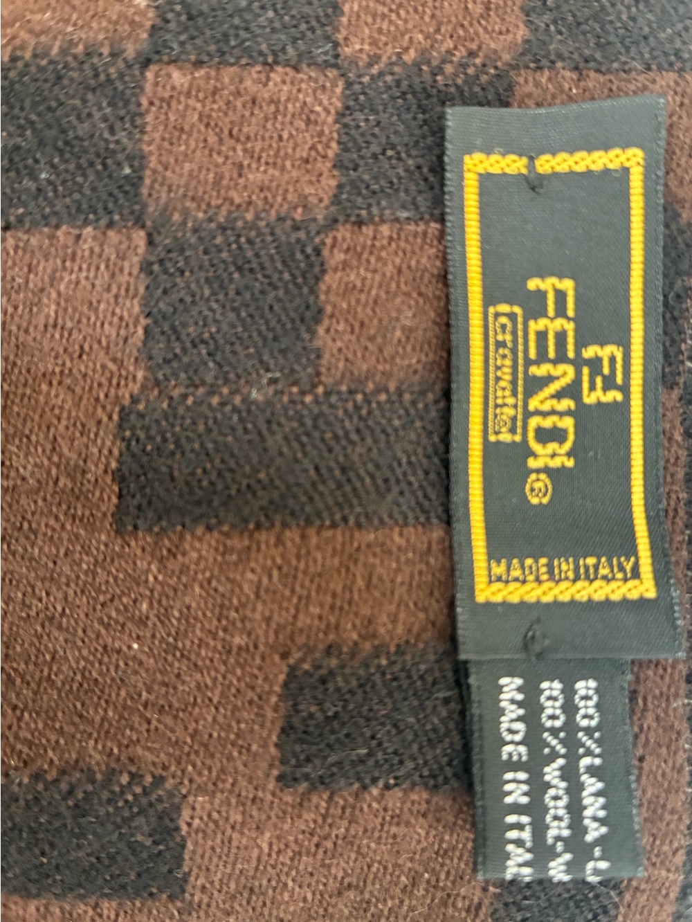 Fendi Wool Brown & Black Monogram Fringe Scarf - Picture 2 of 3